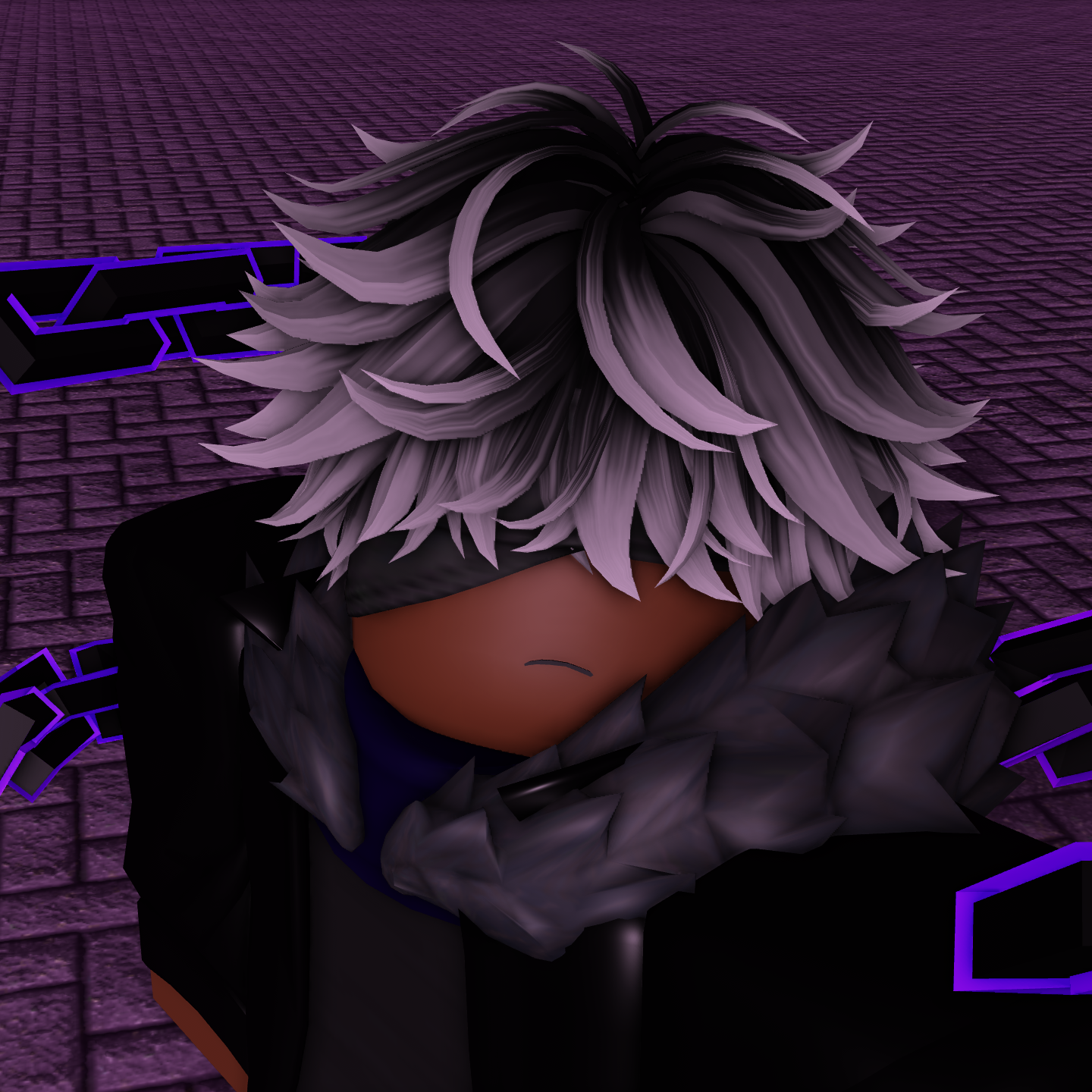 A Roblox avatar with dark skin and black anime hair with light gray tips. He has a black blindfold covering his eyes and a black jacket on with purple and black chains in front of him.
